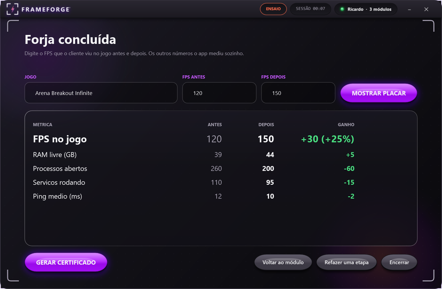 Placar antes e depois